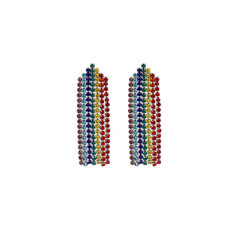 

European & American Fashion Rhinestone Rainbow Tassel Stud Dangle Earrings - Korean Catwalk Style