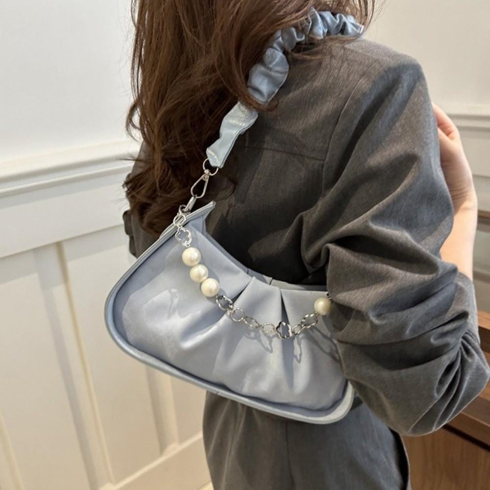 Solid Color Cloud Shoulder Bag PU Leather Korean Style Pearl Chain Crossbody Bag Chain Single Shoulder Pleated Handbag Shopping