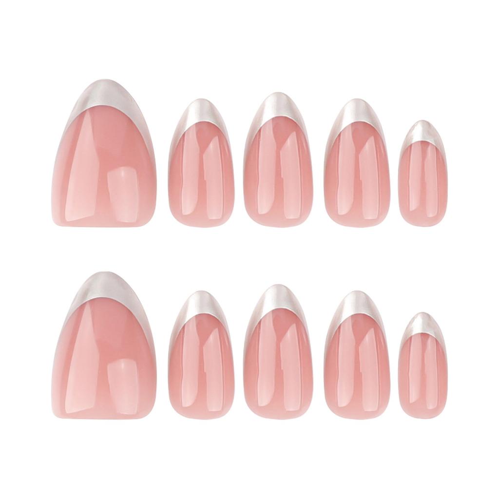 Silver French Tip Press On Nail Short Almond Full Cover False Nail Simple Stick On Nail Simple Artificial Nail