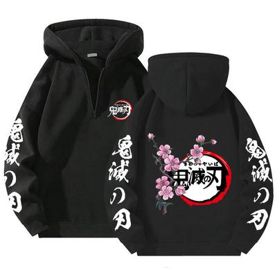 Japanischer Anime Demon Slayer Viertel-Reißverschluss-Hoodie Harajuku Manga Grafik Pullover Lässige Kapuzen-Streetwear Sweatshirts