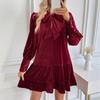 Damen Kurzes Samtkleid Vintage Schleifenknoten Hals Langarm Kleider