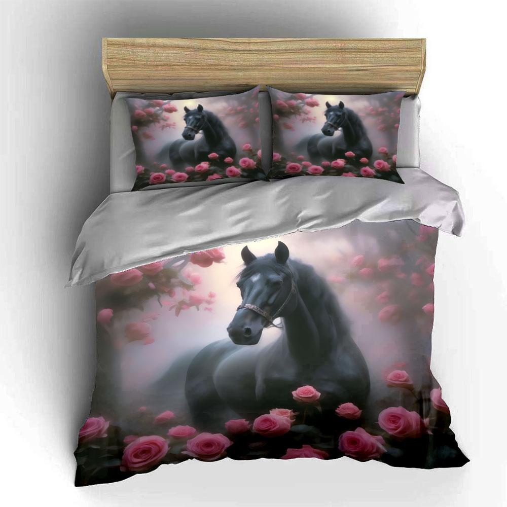 "Elegant Horse Rose Decor Set" Bedding Set with 1 Duvet Cover 2 Pillowcases Single Double King Queen Gift
