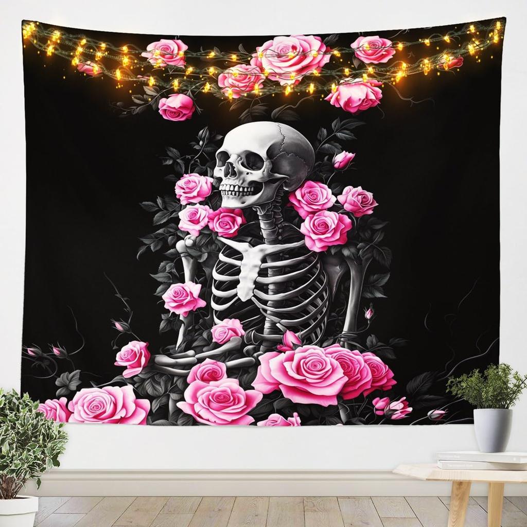Sugar Skull tapestry For Kids Adults Room Decor,Purple Rose Flowers Tapestries Goth Skull Tapestry Wall Hanging Skeleton Bones