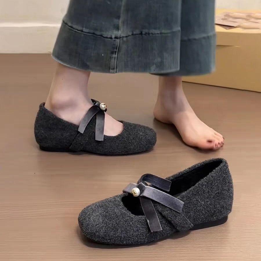 Gray Fluffy Shoes for Women To Wear Outside, New In Autumn, Woolen Inner Height Increase, Flat Bottom Soft Sole To Keep Warm, Mary Jane Single Shoes