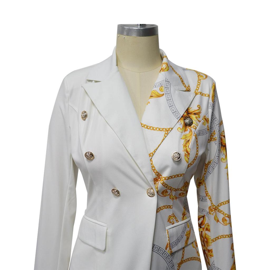 K10602 Women's Fashion Notched Collar Long Sleeve Printed Suit Two-Piece Set