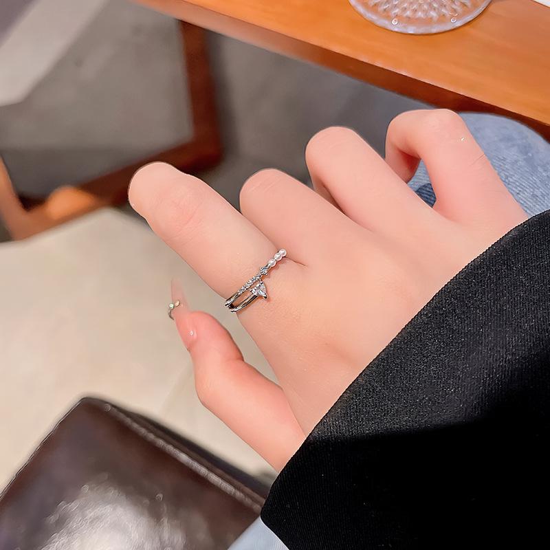 Love zircon pearl ring women s exquisite and sweet niche design sense index finger ring opening adjustable jewelry Adjustable opening