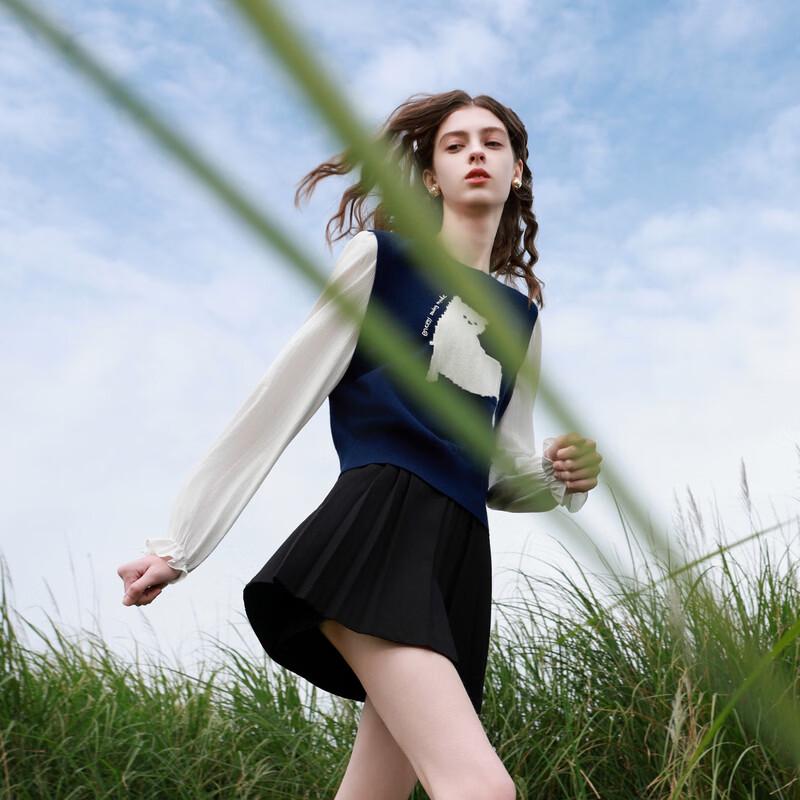 Sancai 2026 Spring Women's Faux Two-Piece Knit Pullover with Cat Patch