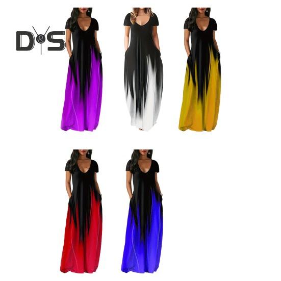 Women Maxi Dress with Pockets V Neck Short Sleeves Gradient Contrast Colors A-line Full Length Dress for Daily Party Dating