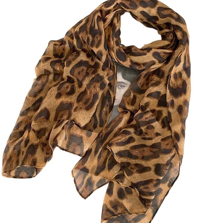 Leopard print scarf autumn and winter retro Spice Girl new silk scarf Bali yarn thin long silk scarf women's high sense personalized scarf