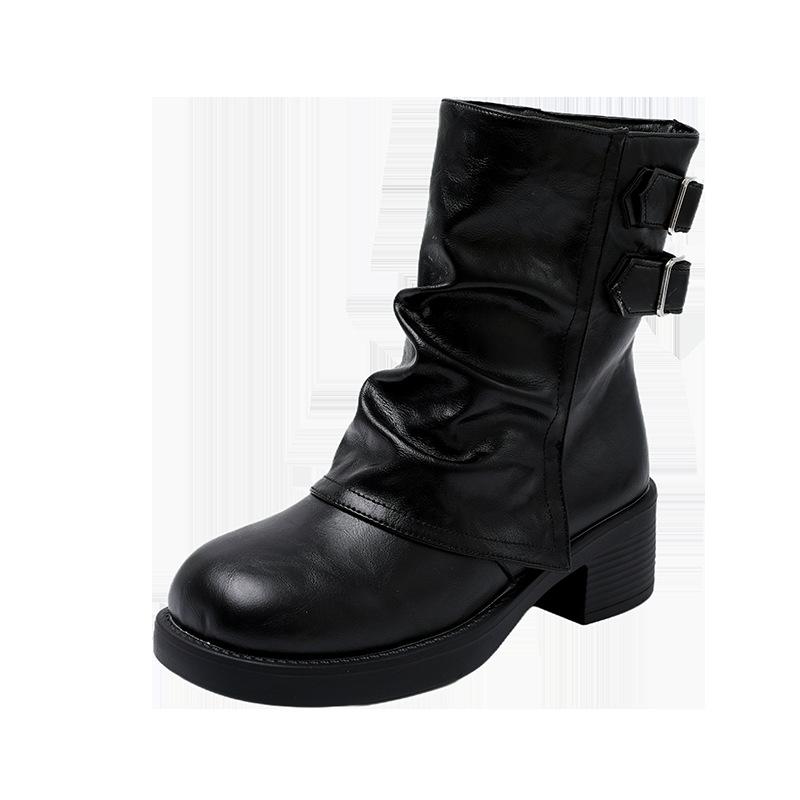 Large Size Short Boots for Women's Autumn and Winter New Belt Buckle Trousers Single Boots for Women's Thick Heel Leather Boots Short Short Boots for