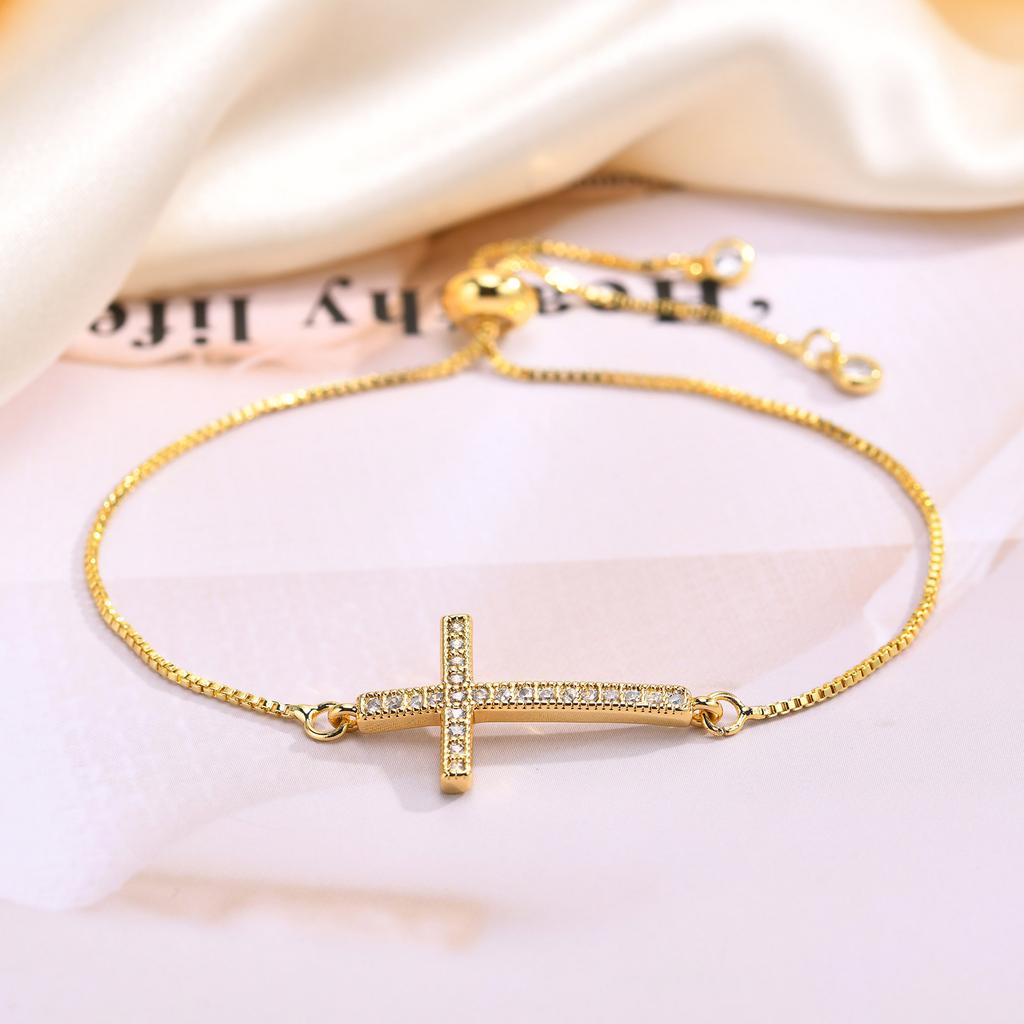 Vnox Full CZ Stones Cross Bracelets for Women Teens, Gold Color Slim Box Link Chain Bracelets Wristband,Religion Faith Accessory