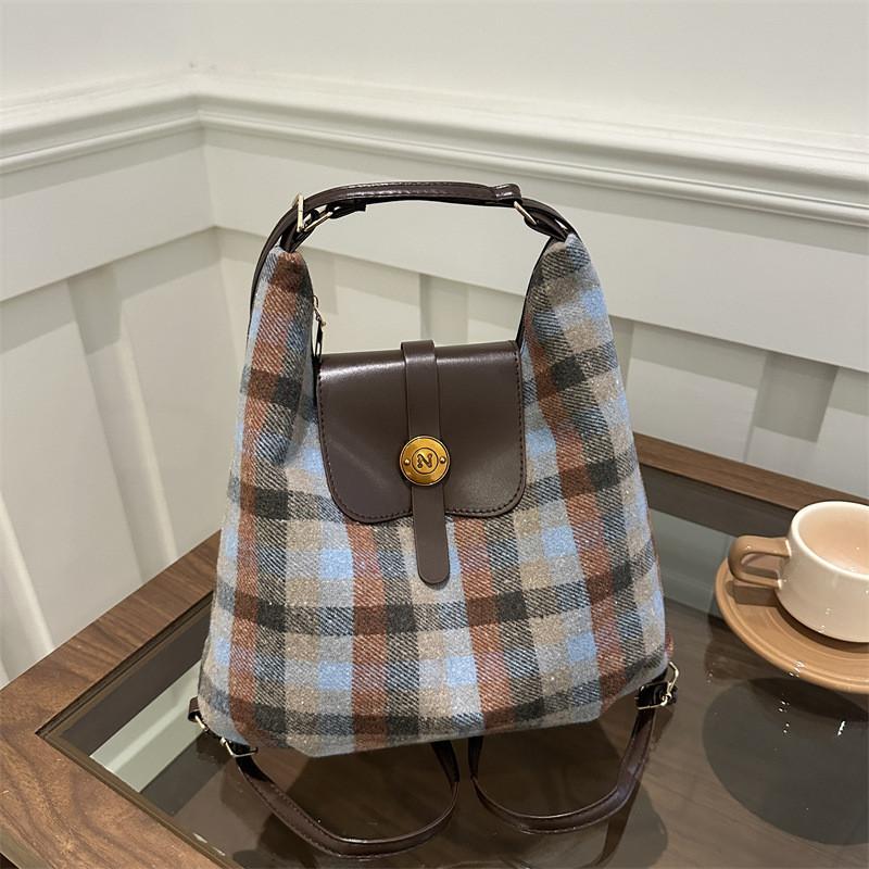 Fashionforward Plaid Tote Bag For Women In Coffee Blue And Yellow With Structure Soft
