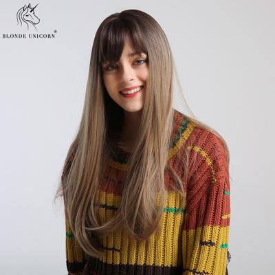 Long Straight Wigs with Bangs Ombre Brown Blonde