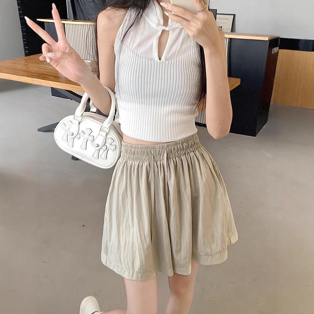 Apricot Ice Silk Women's High-Waist Casual Mid-Length Wide Leg Sports Shorts - Summer 2025