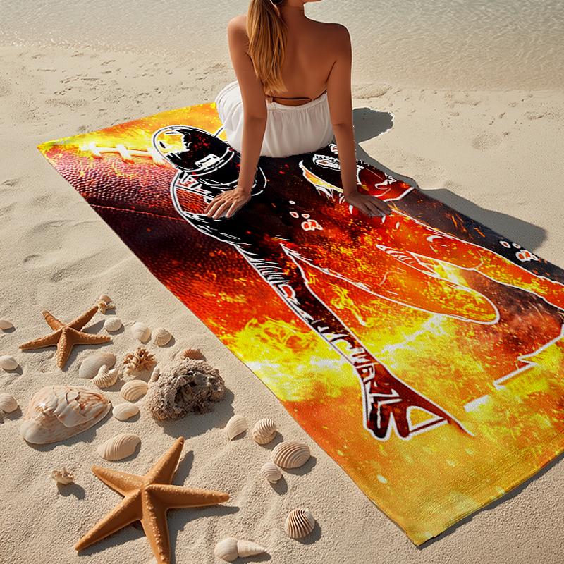 Football Player In Flames Beach Towel, Super Soft Microfiber, Gift for Her/Him, Birthday, for Pool, Beach, Travel, Home Decor Fan Gifts
