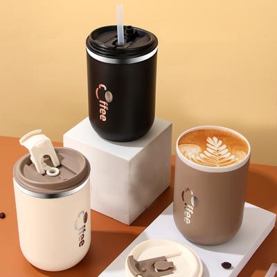 304 Stainless Steel Coffee Mug With Straw & Lid, Leakproof Tea Milk Mug Water Cup With Straw, Kitchen Drinkware For Kids Adults
