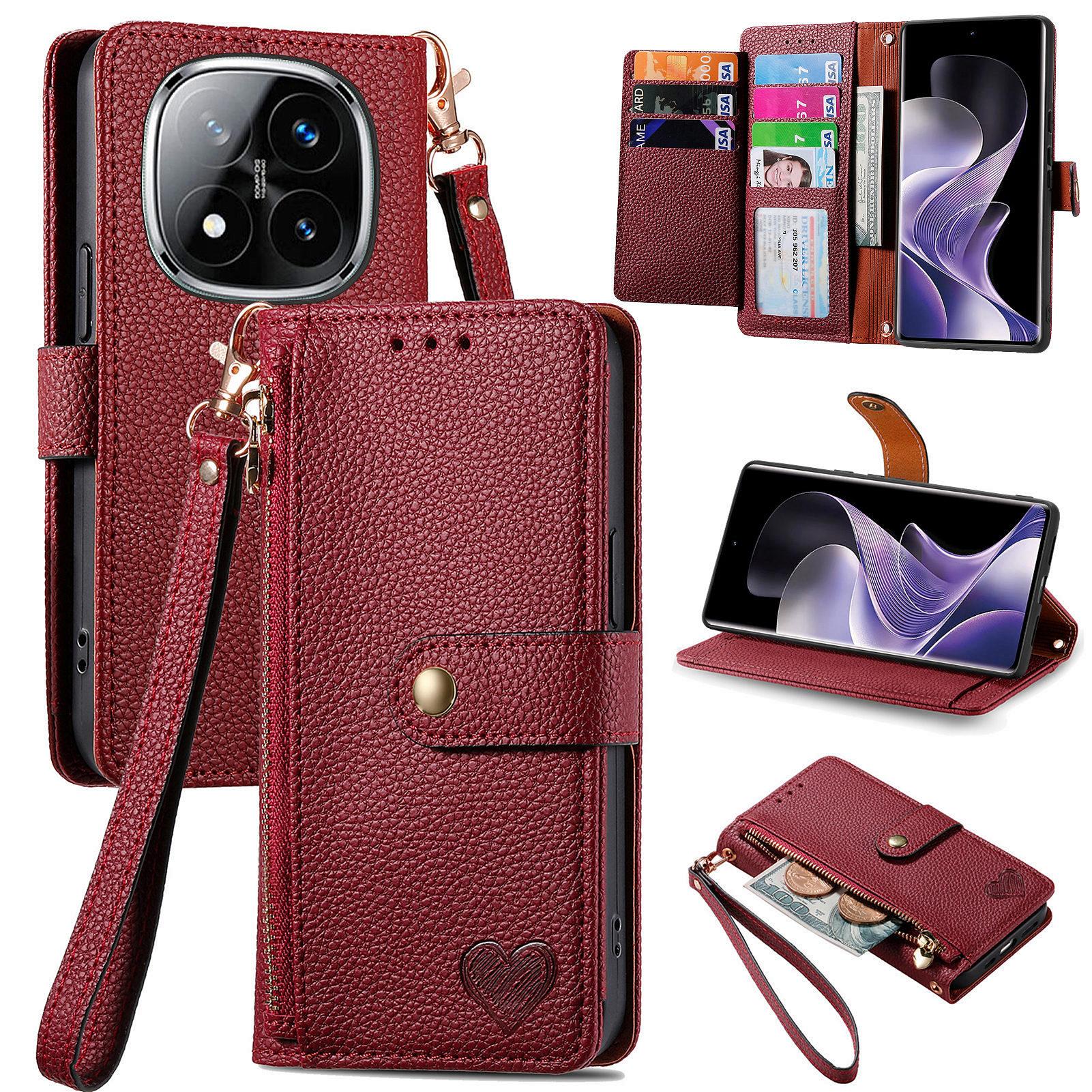 

For Xiaomi Redmi Note 14 Pro+ 5G Case RFID Blocking Zipper Pocket Leather Wallet Phone Cover with Strap Red