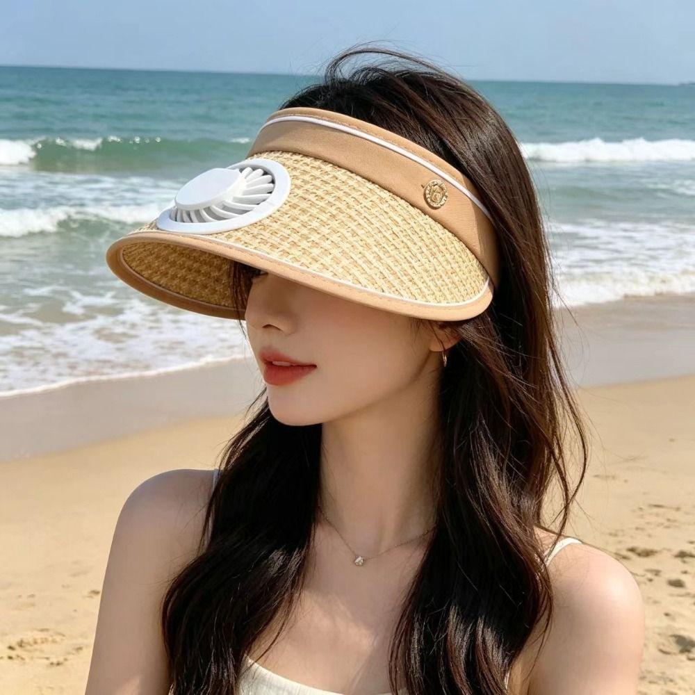 Wide Brim Sun Hat with Fan Breathable Summer Fan Visor Cap Solar Fan Hat  Camping