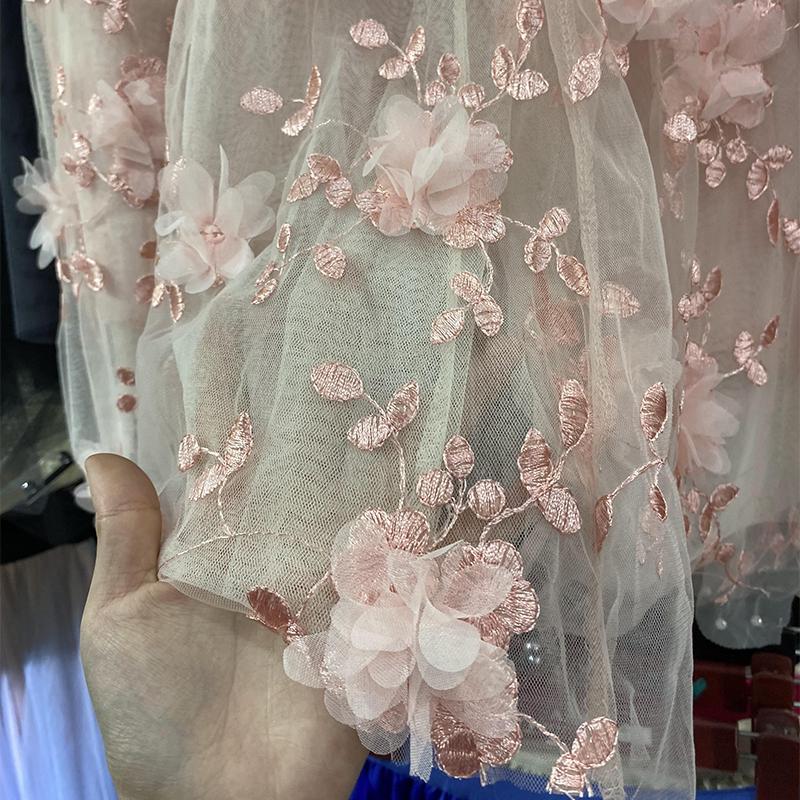 Women's High-End Pink 3D Embroidered Mesh Skirt - Summer High-Waist Slimming Midi Skirt