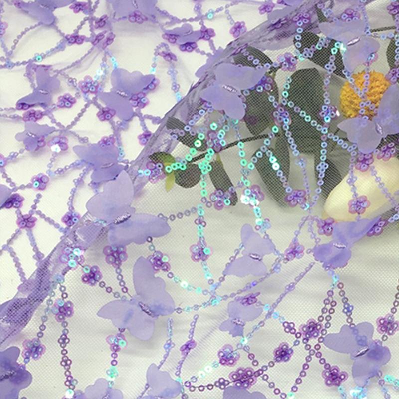 

Butterfly Laser Embroidery Fabric Colorful Sequins Lace Tulle Mesh Wedding Dress Children s Clothing Hanfu Apparel Sewing Fabric 100x130cm фіолетовий
