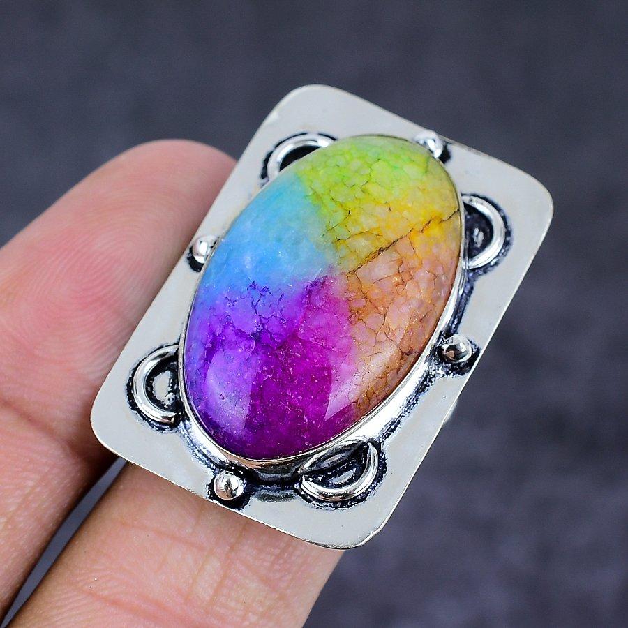 Rainbow Solar Quartz Gemstone Handmade 925 Sterling Silver Ring Size 8.5 W6s90