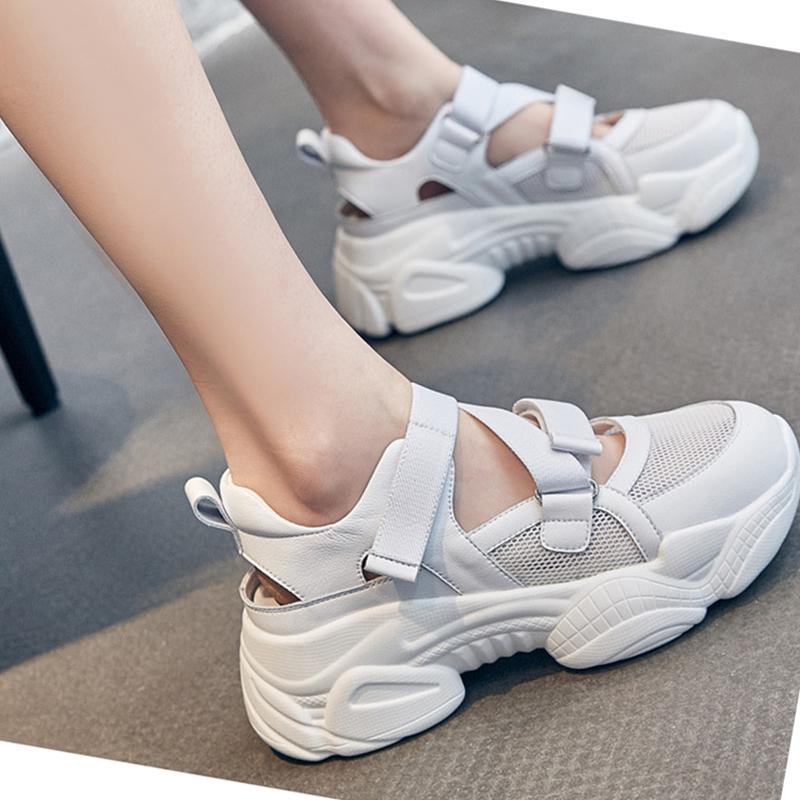100% Genuine Leather Shoes Thick Sole Summer Women Sandals Casual Woman Height Increasing White Shoes A3507