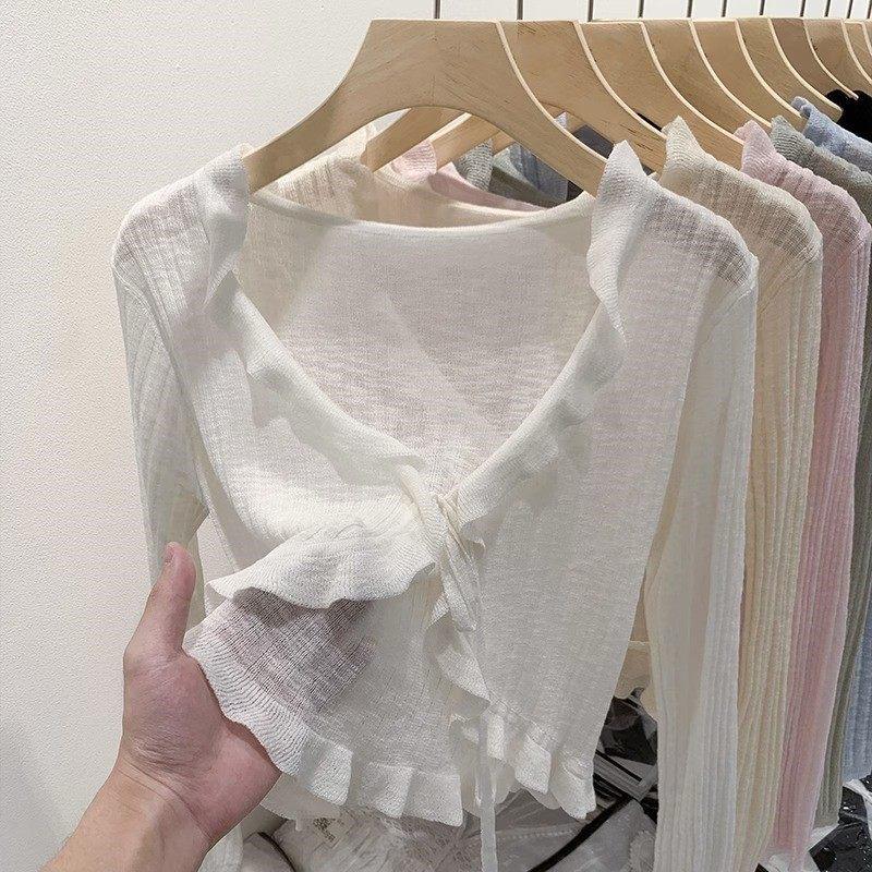 French Ribbed Lace-Up Cardigan - Long Sleeve Knit Shawl for Spring 2026 Women’s Collection