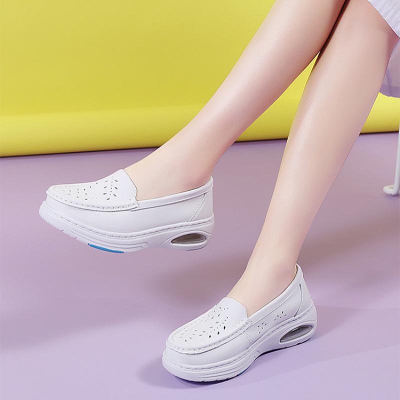 Nurse Shoes Genuine Leather Women's Air Cushion Soft Bottom Hollow Breathable Summer One-step Non-slip Work Shoes