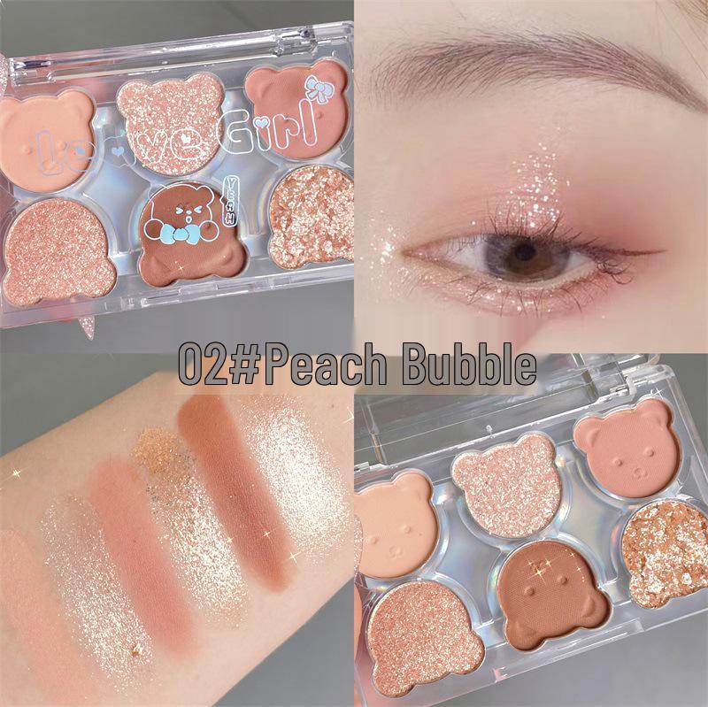 

LEAVE GIRL Little Bear Six-Color Eyeshadow & Contour Palette: Matte, Pearlescent, Glitter, Earth Tones.