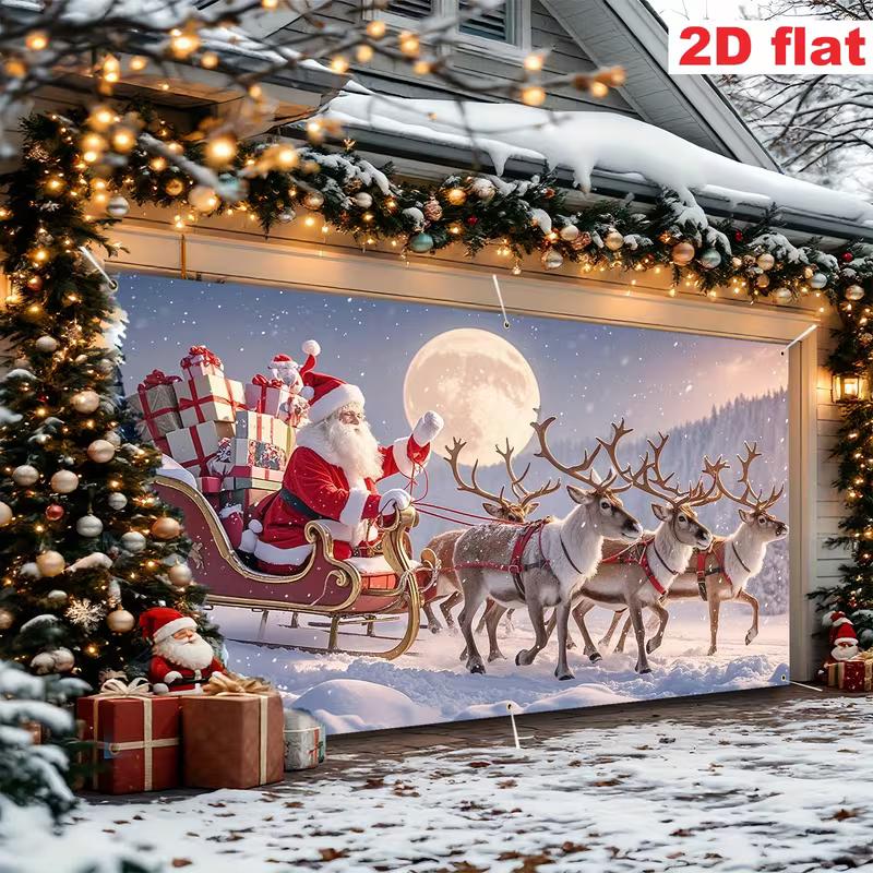 2D Winter Night Santa Sleigh Garage Door Cover, Reindeer & Moon Christmas Decor