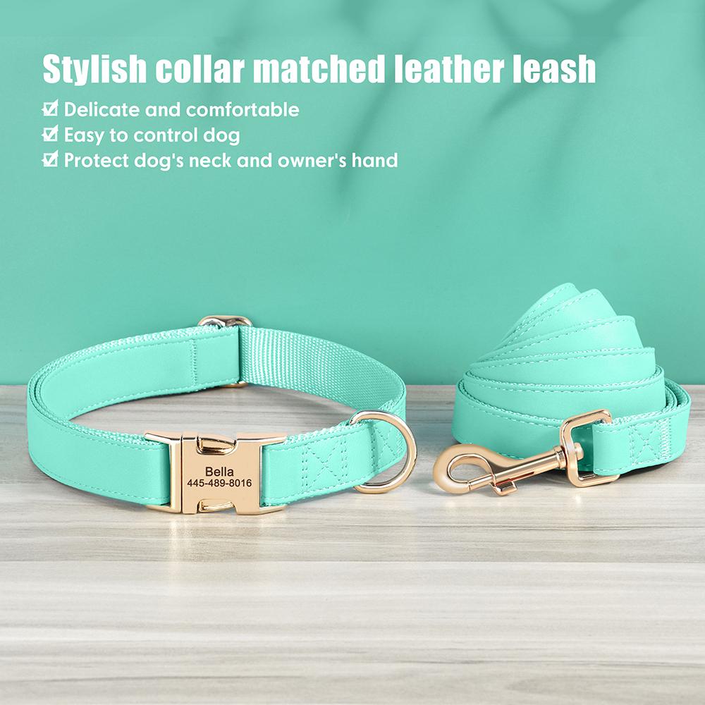 Custom Dog Collar Leash Set PU Leather Dog Collars Engraved Pet ID Necklace With Lead Rope Durable for Small Medium Large Dogs