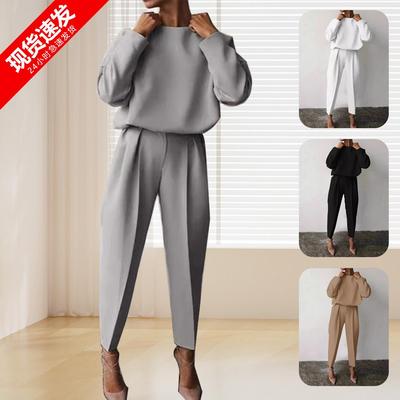 TUME Damen Einfarbig Langarm Lässiges Zweiteiler-Set für Herbst/Winter Europa & Amerika