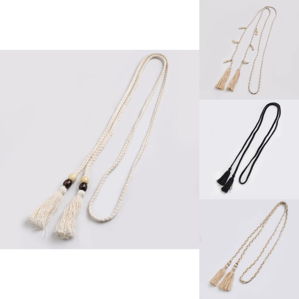 Ethnic Style Cotton Linen Waist Rope With Wooden Beads And Tassels For Casual Wear