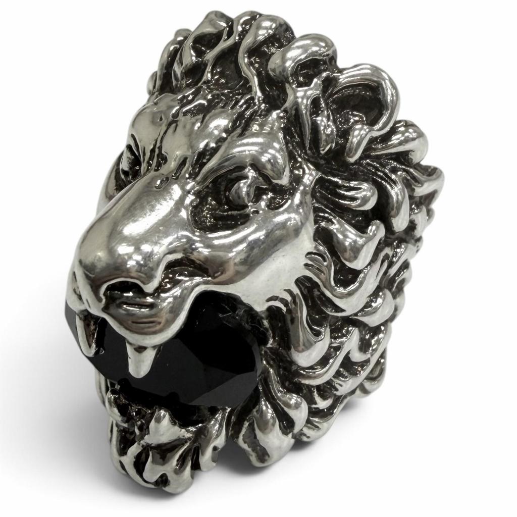 Excellent GUCCI Ring Lion head Silver black Colored stone mens Used
