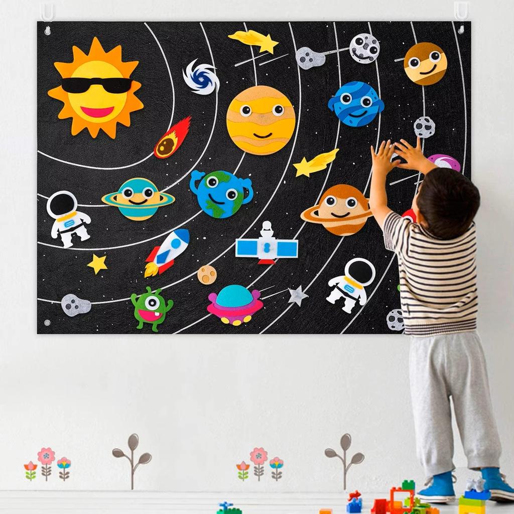 Felt Story Board Set Solar System Storytelling Interactive Play Kit with Hooks Planets Alien Galaxy Wall Hanging for Kids Gift
