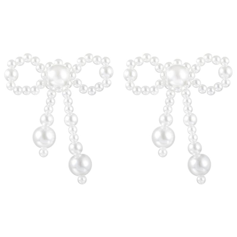 Stylish Bowknot Earrings Adornment Eye Catching Pearls Beaded Bowknot Ear Clips 1