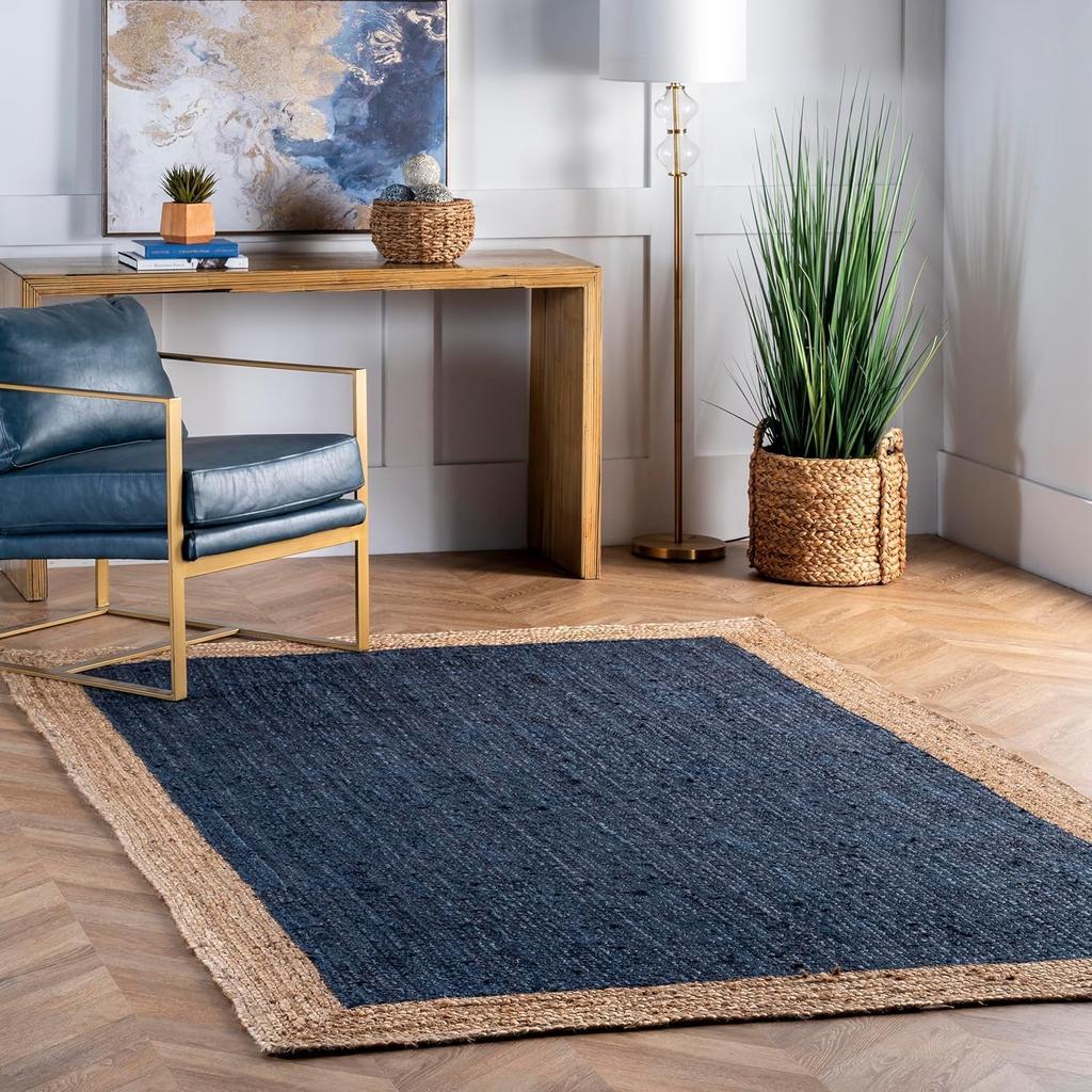 Aizza Trends Indian Handmade Braided Inner Navy Blue Natural Jute Area Rug- Jute Rug- Dining Room- Living Room