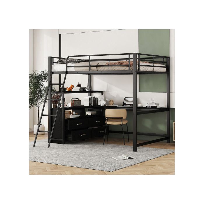 Hochbett - MUVOE - 140x200cm - L-förmiger Schreibtisch - Praktische Schubladen - Schwarzes Metall