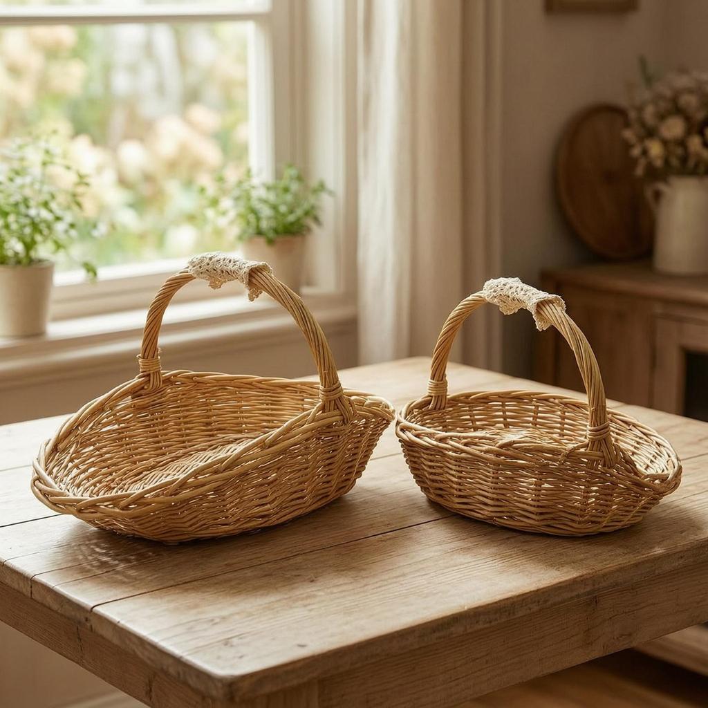 2 Paniers de Rangement en Osier avec Poignée Tressés Fruits Rustiques pour Cuisine, Organisation de la Maison