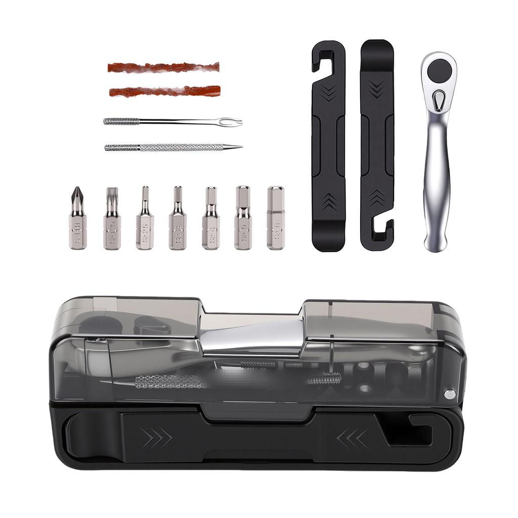 Bike Repair Tool Kit Portable Ratchet Wrench with Tire Levers CO2 Inflator Nozzle for Outdoor Cycling Emergency Style 1