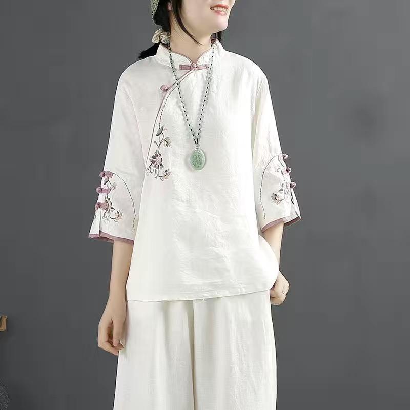 Camicia in cotone e lino retrò in stile cinese da donna, primavera ed estate, stile cinese, collo alto, bottoni, abito da tè ricamato con risvolto obliquo