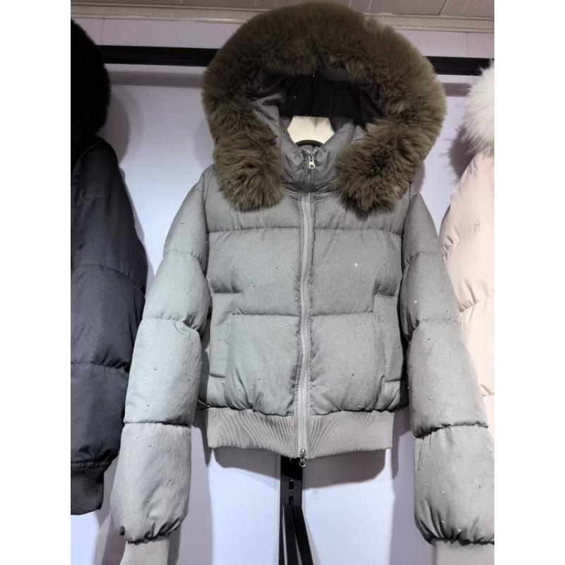 Women Thickened Warm Short Padded Jacket Fur Collar Waist Slimming Winter Outerwear