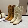 Western Cowboy Boots 2025 Spring and Autumn Thick Heel V-neck Embroidered Hole Knight Boots Retro Size Breathable Women's Boots