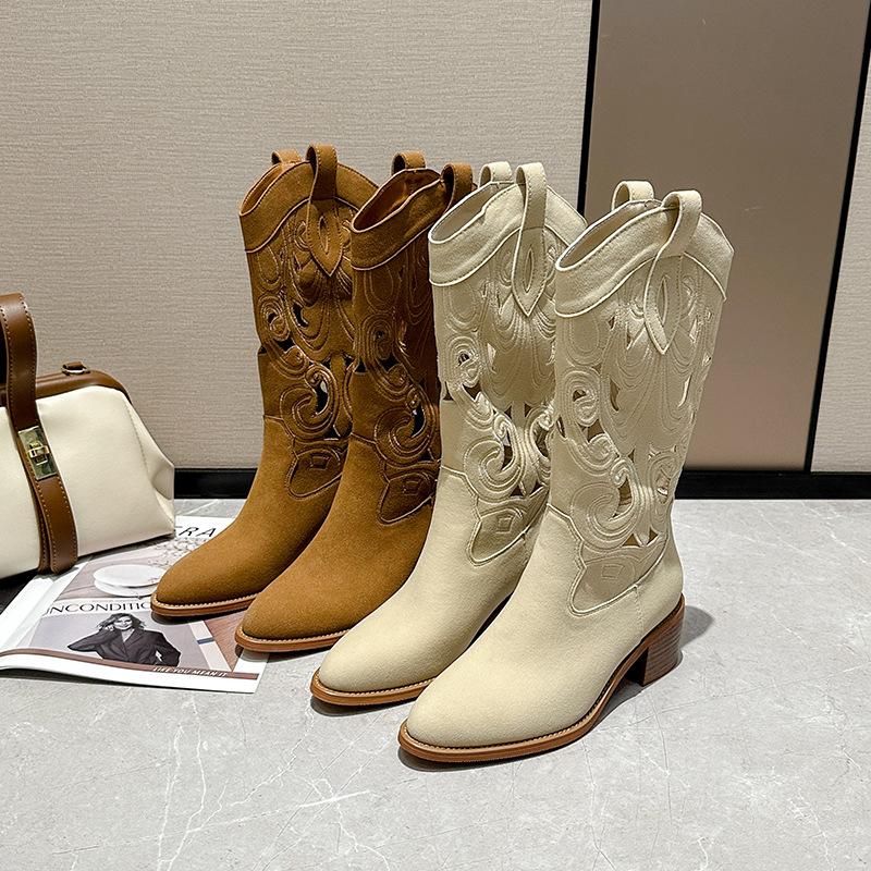 Western Cowboy Boots 2025 Spring and Autumn Thick Heel V-neck Embroidered Hole Knight Boots Retro Size Breathable Women's Boots