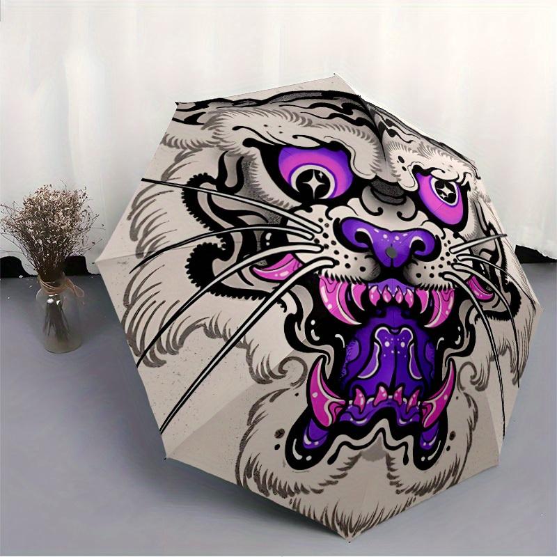 1pc Tiger Face Automatic Open/close Folding Compact Umbrella, 8-Rib Sturdy Canopy, Lightweight Portable, Everyday Use, Gift,116