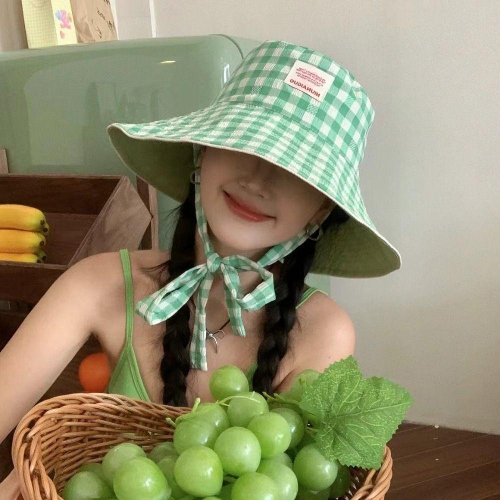 Sun Protection Hiking Fisherman Hat Sunscreen Plaid Hiking Cap Fashion Drawstring Sun Hat  Male