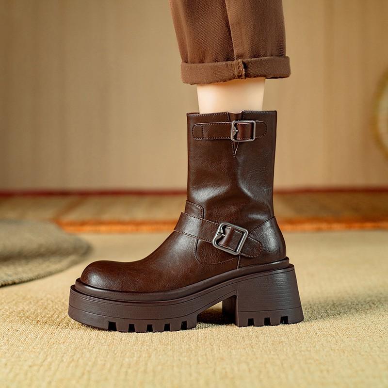 Womens Leather Ankle Boots Chunky Heel Platform Round Toe Biker Fall Winter