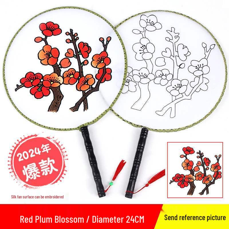 DIY Children's Silk Cloth Round Fan with Bamboo Handle - Palace Style Hand-Painted Kindergarten Craft