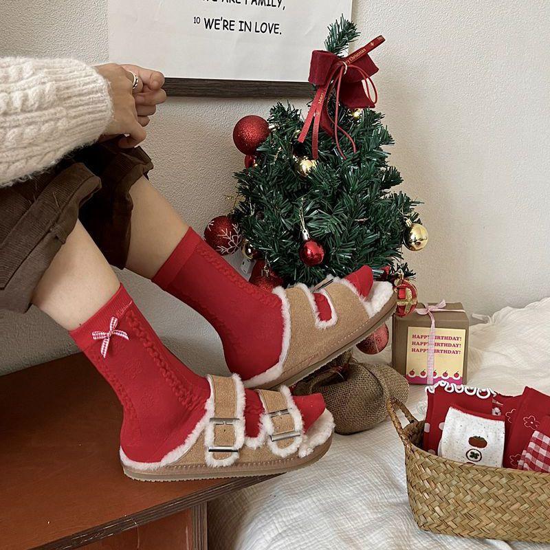 Sign On The Birth Year Big Red New Year'S Socks Female Mori Bow Small Flower Love Women'S Cotton Socks Medium Tube Socks