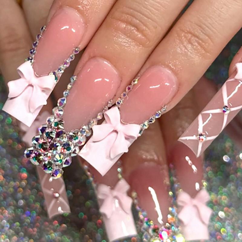 Sweet French Tip Press On Nails With Rhinestone Bow Decor Long Water Drop Shape Gel Adhesive Jelly Glue Options